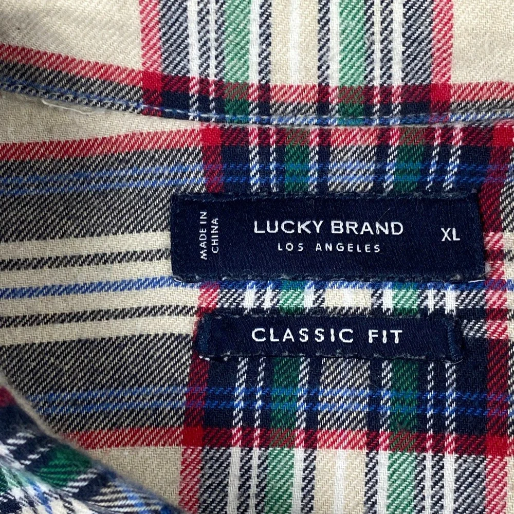 Lucky Brand Mens XL Shirt Cream Red Green Plaid Classic Fit Flannel Button Down
